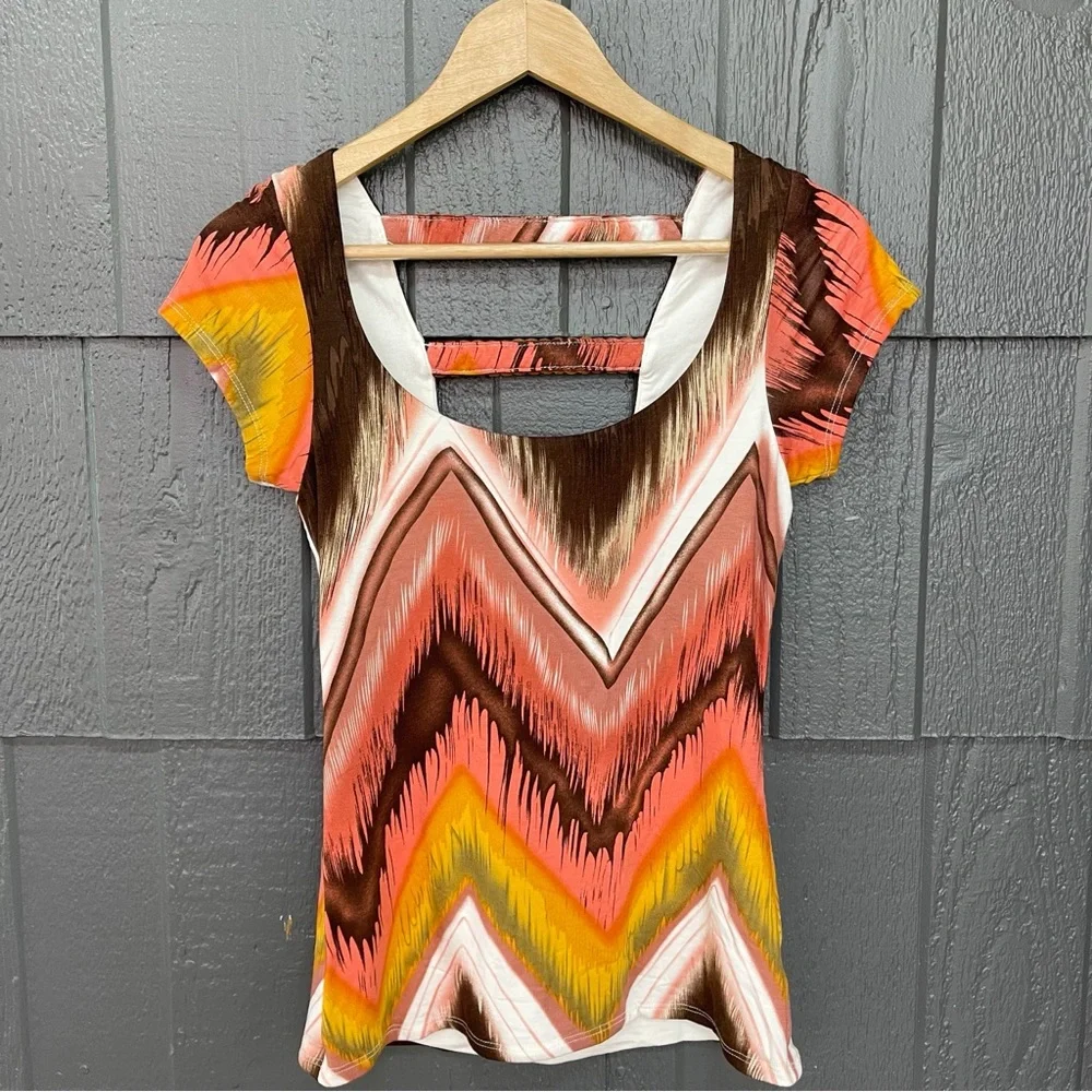 Sky Chevron Brown Orange Mustard Yellow Top with Faux Leather Braided Back - Picture 3 of 8
